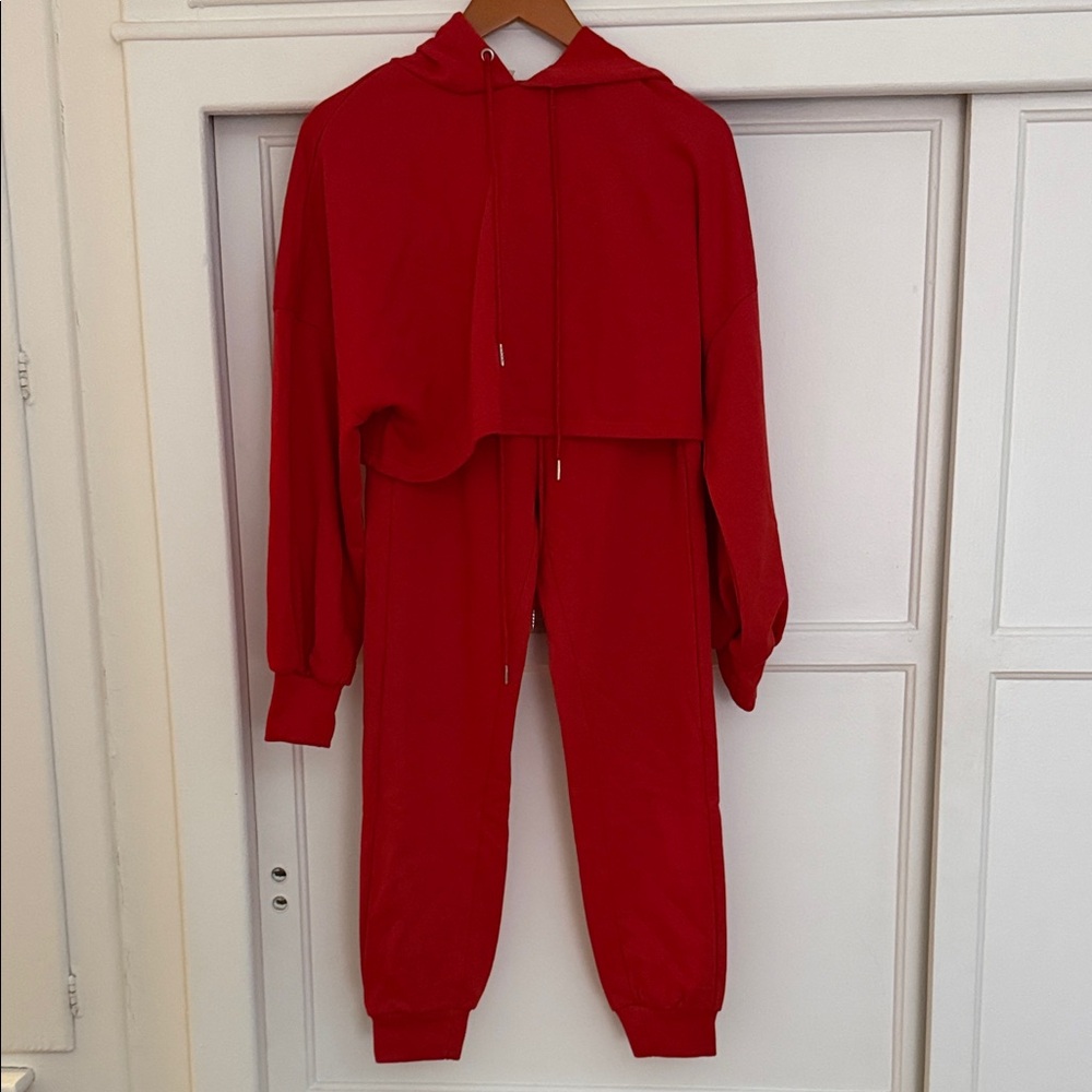 Red Cropped Hoodie and Joggers Set